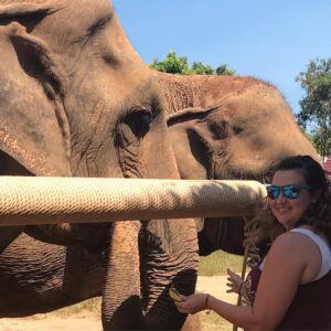 Woman with two elephants in Thailand