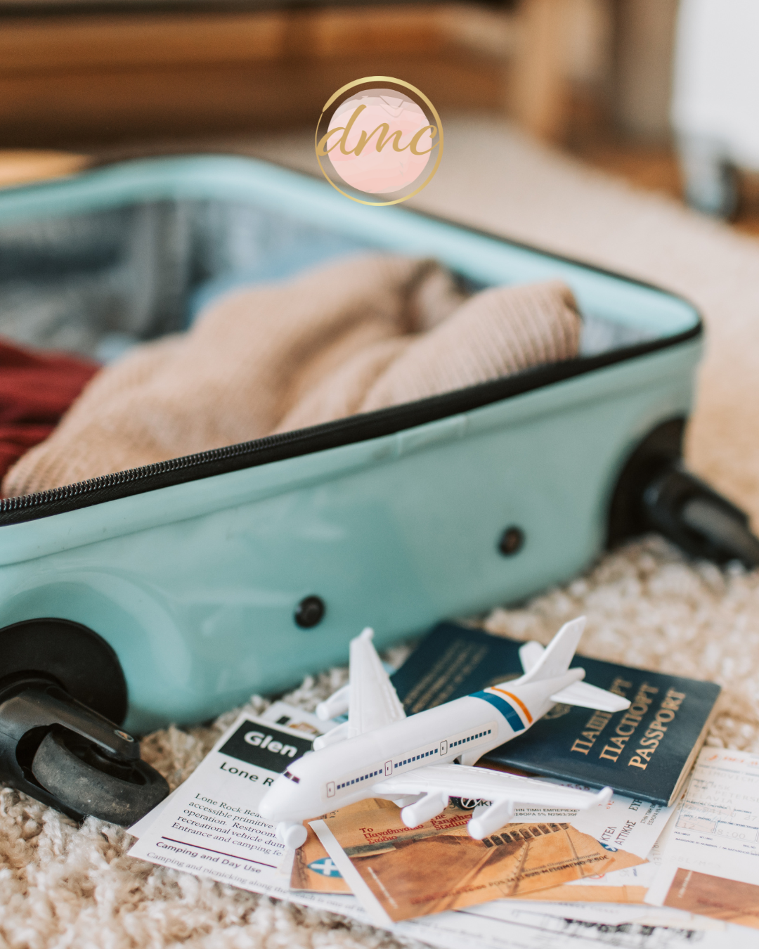 Open suitcase with passport