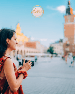 Woman with camera in Europe